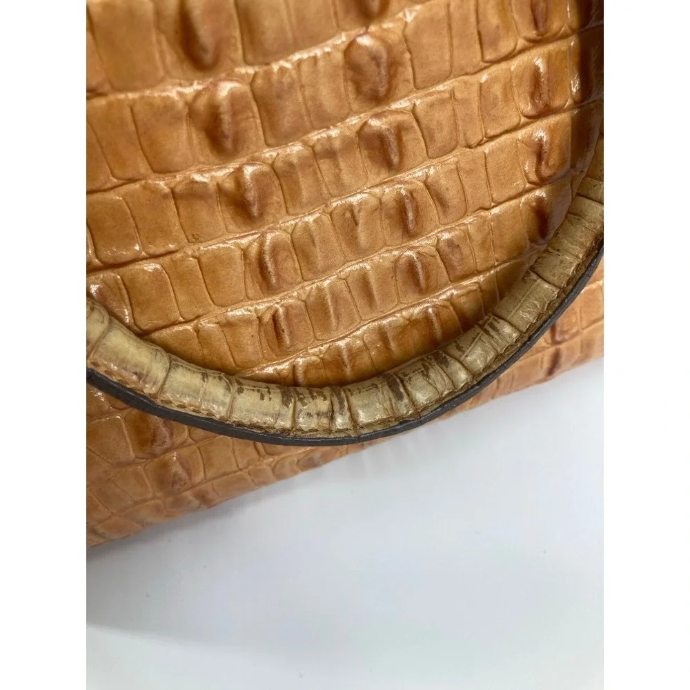 Brahmin Pecan Croc Embossed Leather Satchel Handbag‎ Tan Zip Top Small Tote